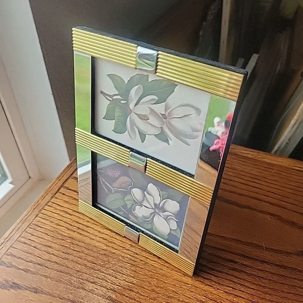 Vtg 2 Tone Gold and Silver Double photo frame holds 2- 3.5x5 photos MCM Art Deco